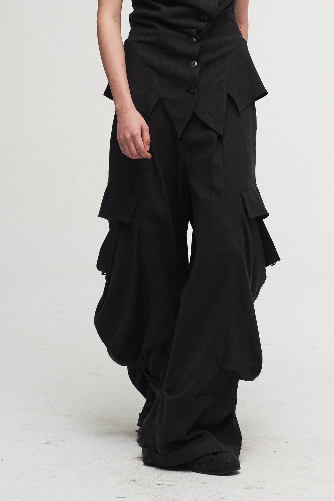 Draped Big-Pocket Wide-Leg Cargo Pants