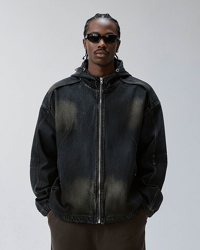 Washed Paneled Denim Hooded Jacket