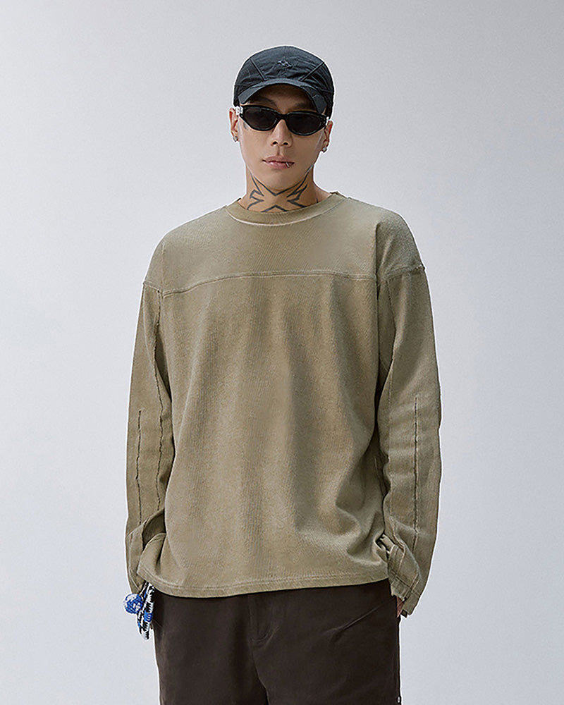 Distressed Panel-Stitched Long-Sleeve Tee