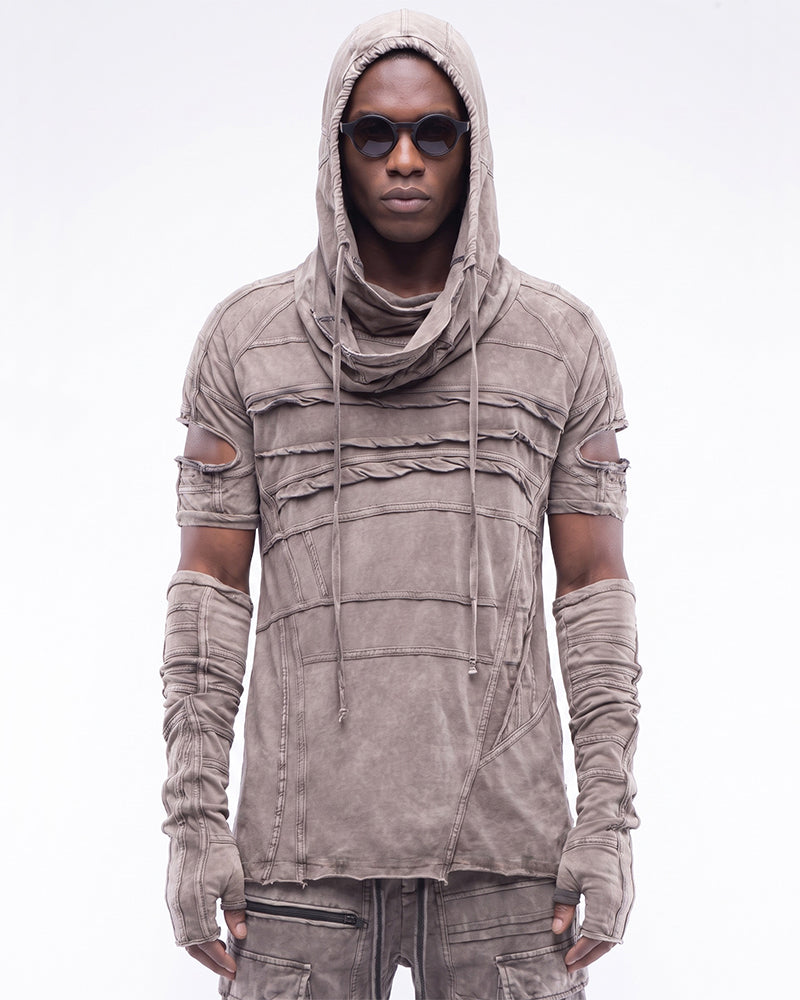 Wasteland Washed Distressed Hooded Tee with Detachable Sleeves
