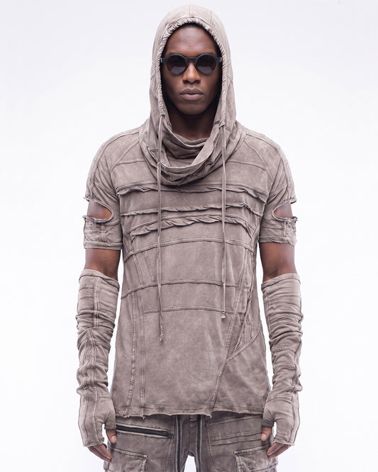 Wasteland Washed Distressed Hooded Tee with Detachable Sleeves