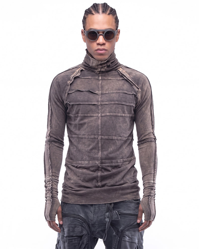 Dystopian Distressed Paneled Turtleneck Long Sleeve Top