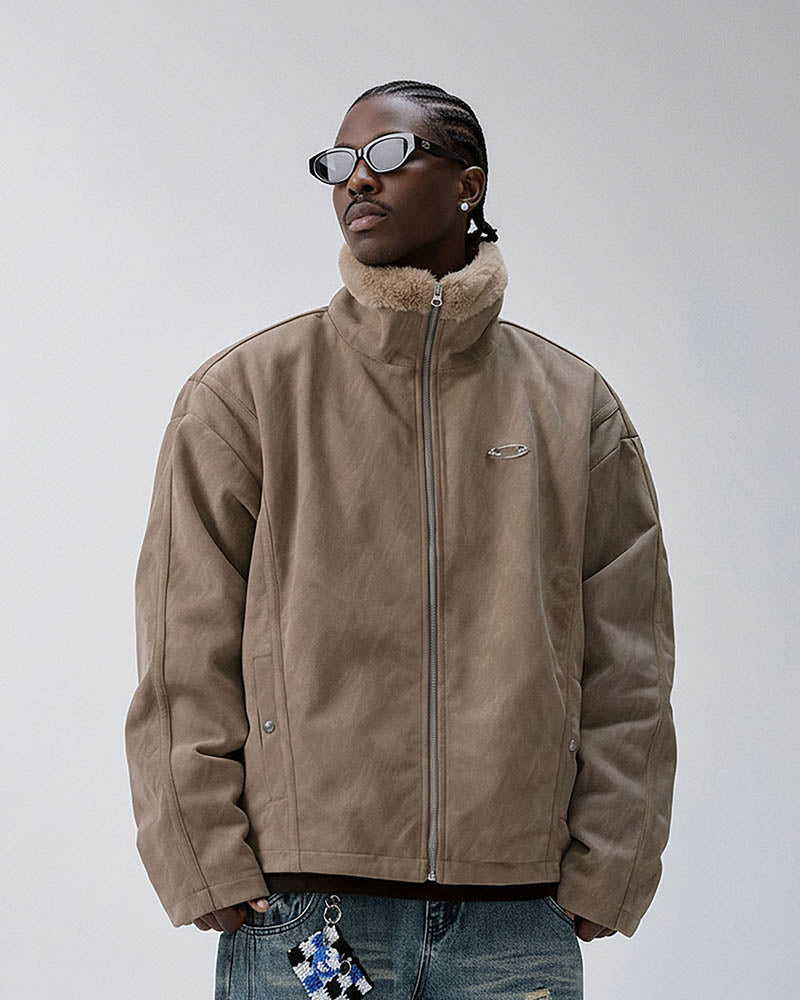 Aged Suede Faux Fur High-Collar Jacket