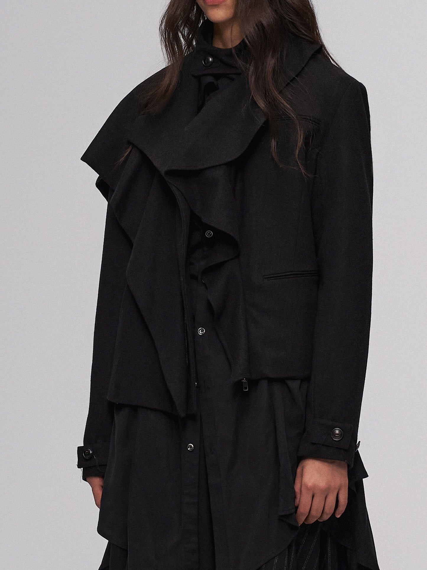 Layered Ruffle Wool-Blend Scarf-Wrap Coat
