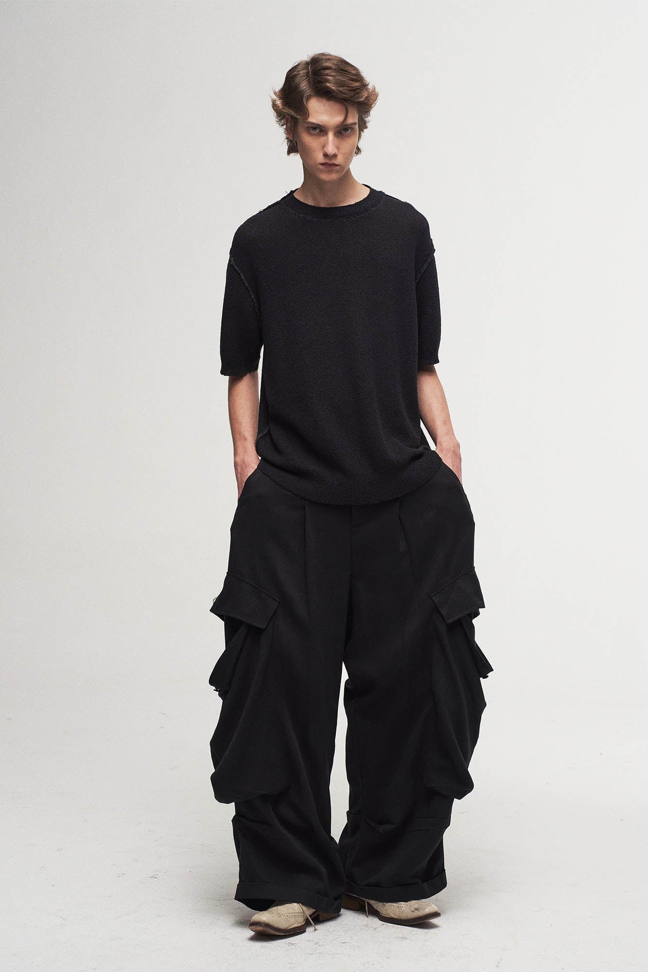 Draped Big-Pocket Wide-Leg Cargo Pants