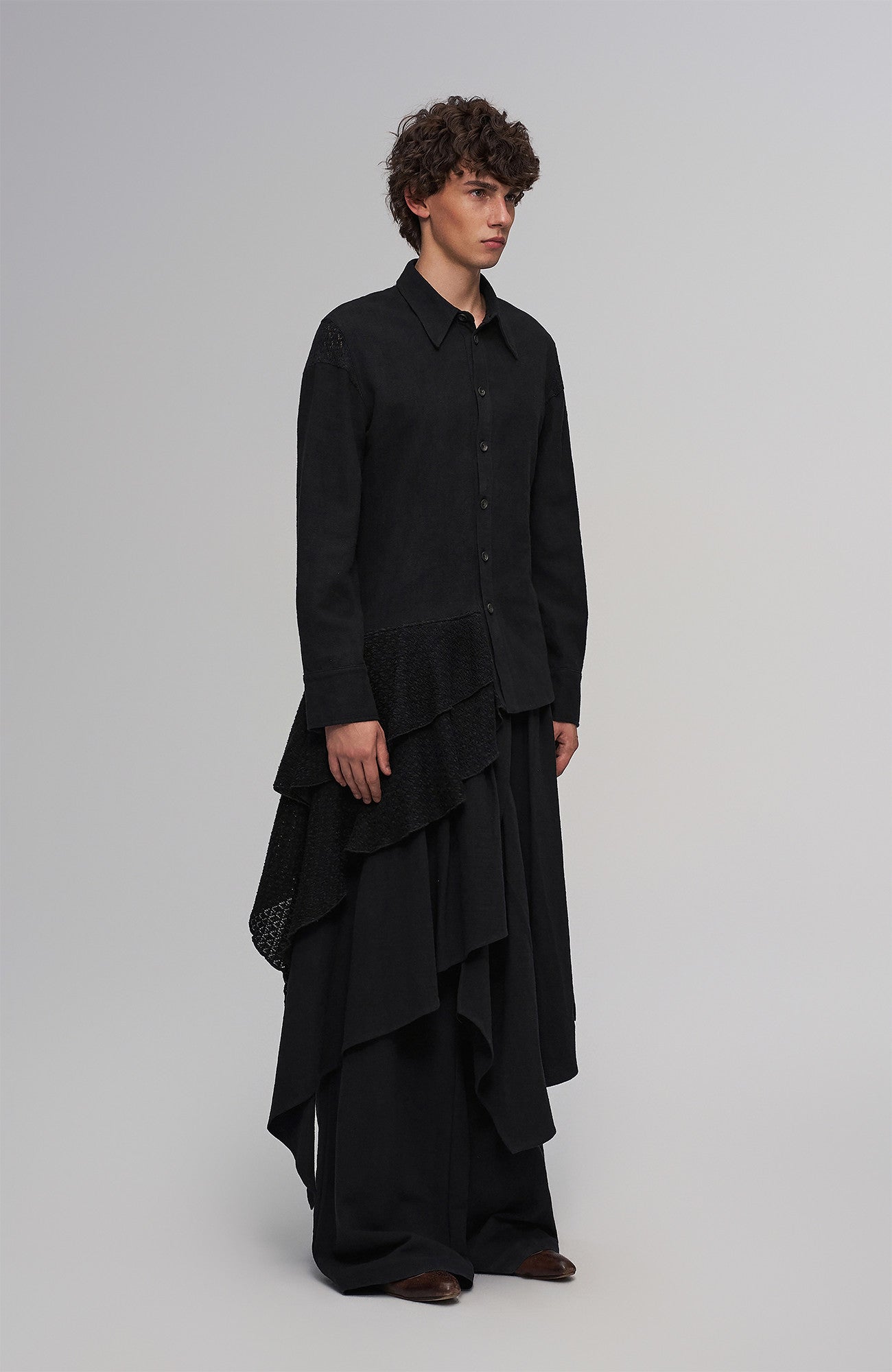 Asymmetric Drape Panel Ramie-Blend Shirt