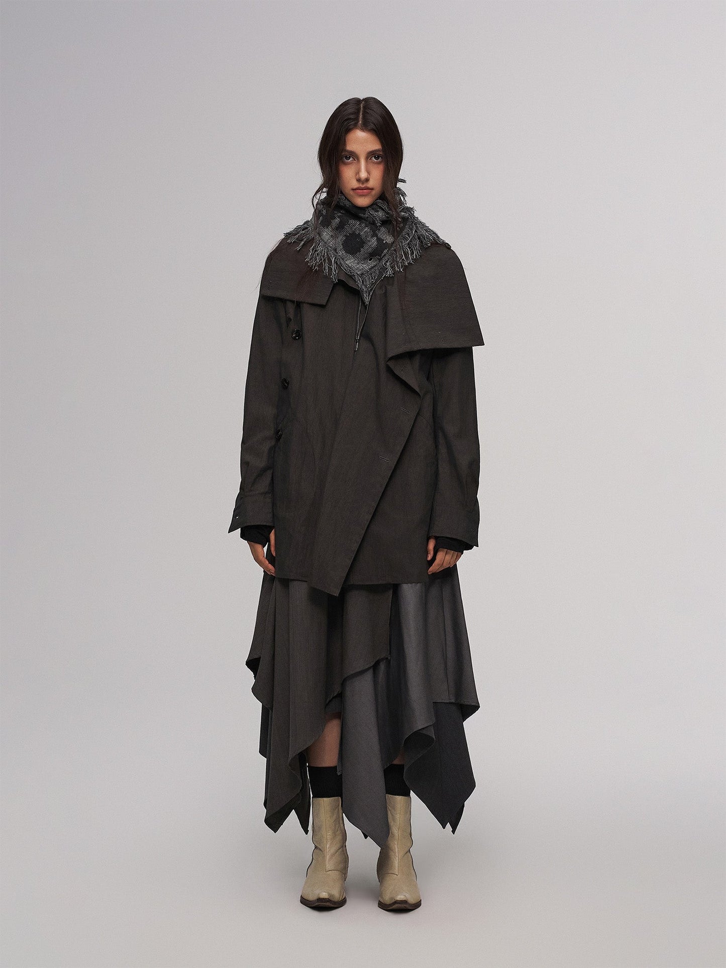 Asym Layered Wrap-Collar Shirt Coat Dark Green