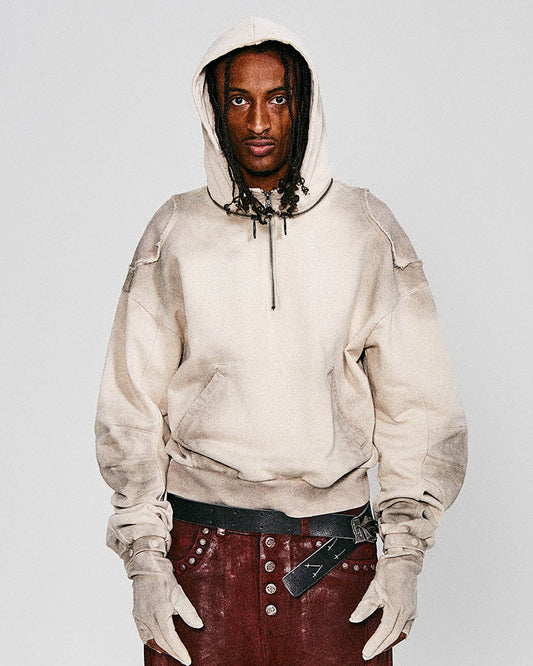 Distressed Detachable-Hood Glove-Sleeve Hoodie