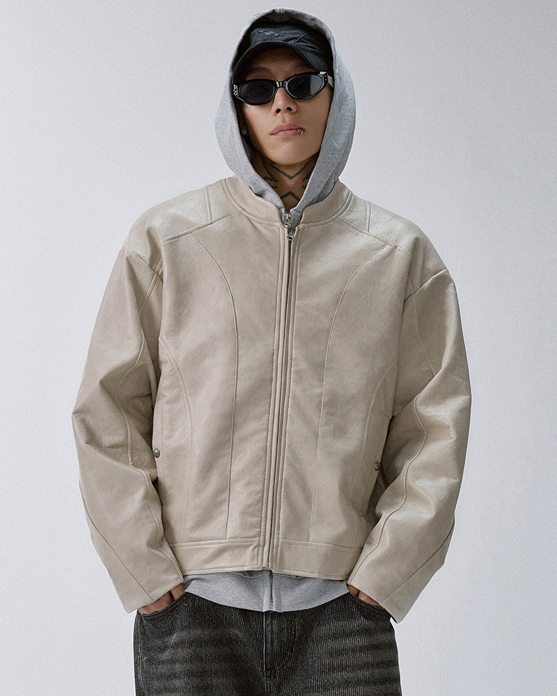 Vintage Washed Stand Collar Biker Jacket