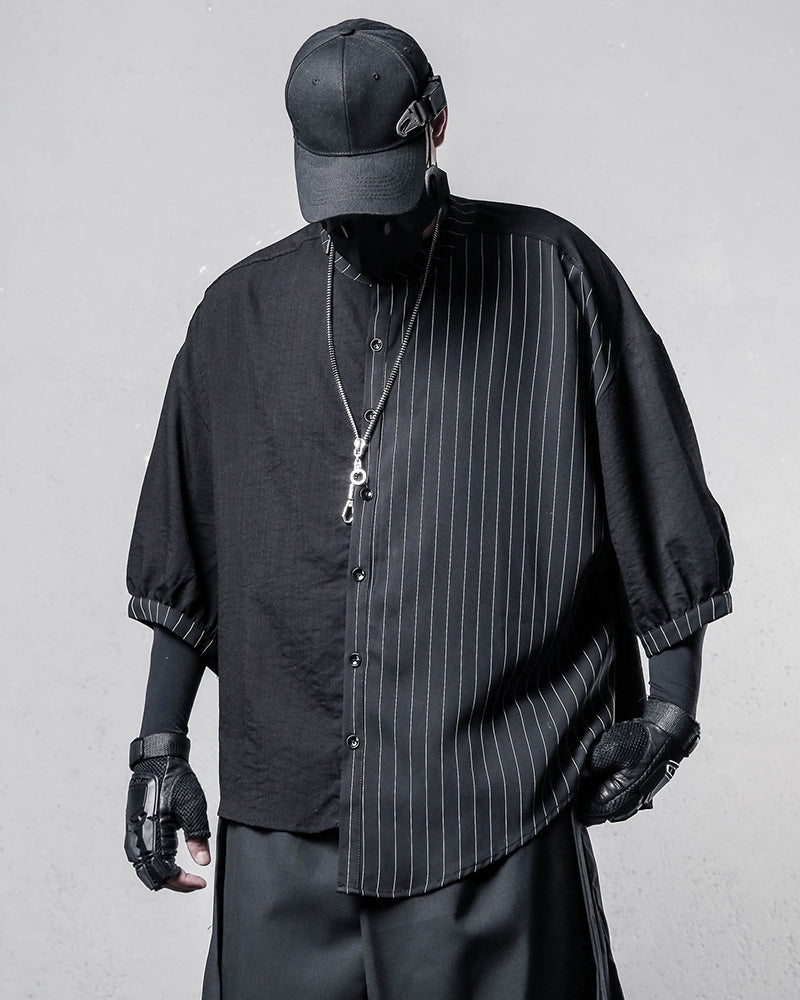 Japanese Style Asymmetrical Striped Patchwork Shirt