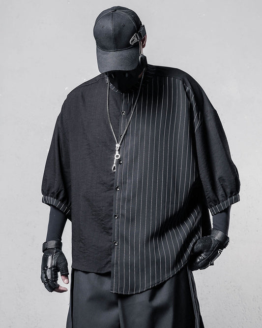 Japanese Style Asymmetrical Striped Patchwork Shirt
