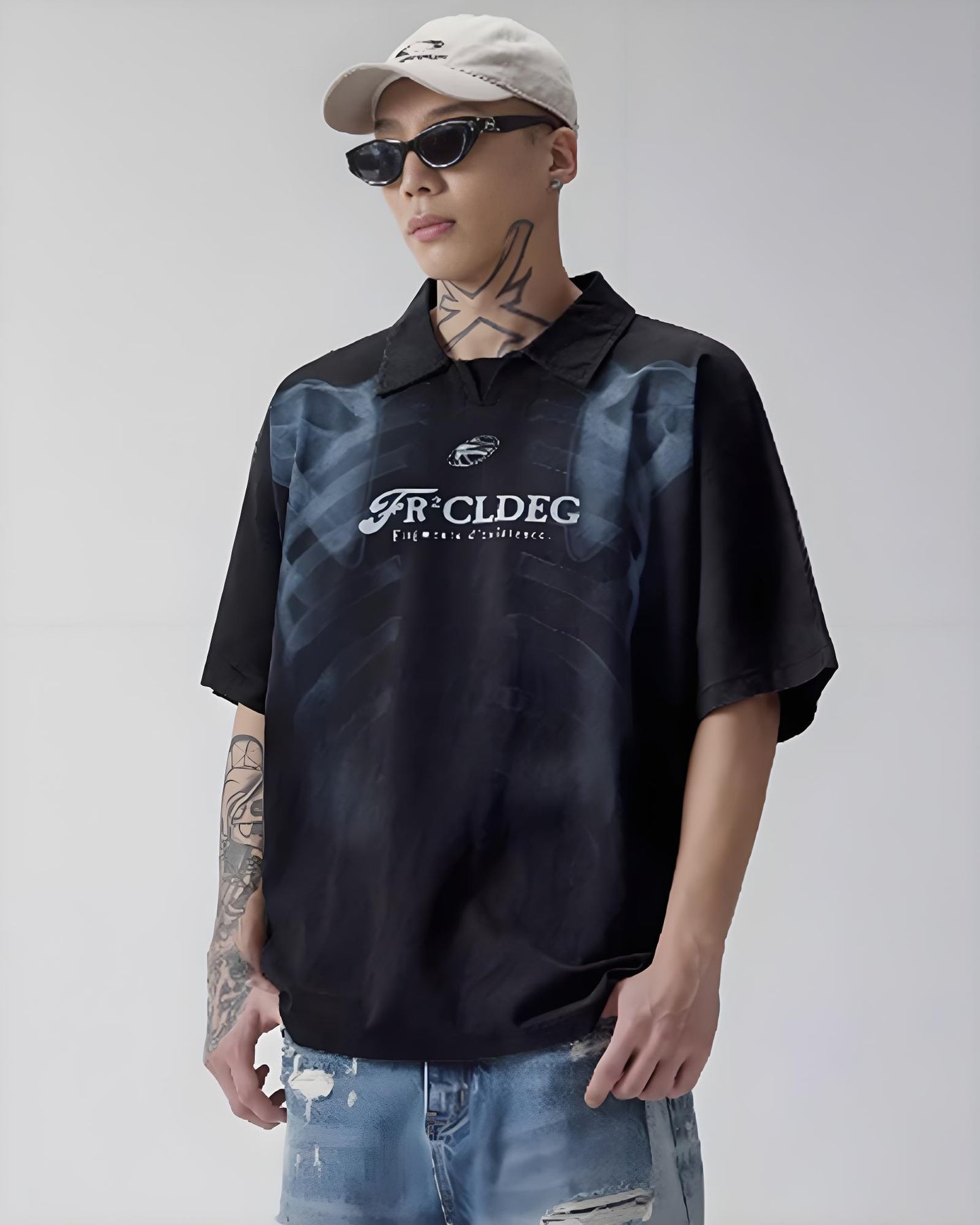 Washed Vintage Skeleton Print Polo Shirt