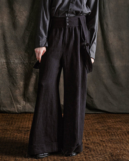 Buttoned High-Waist Wide-Leg Overalls