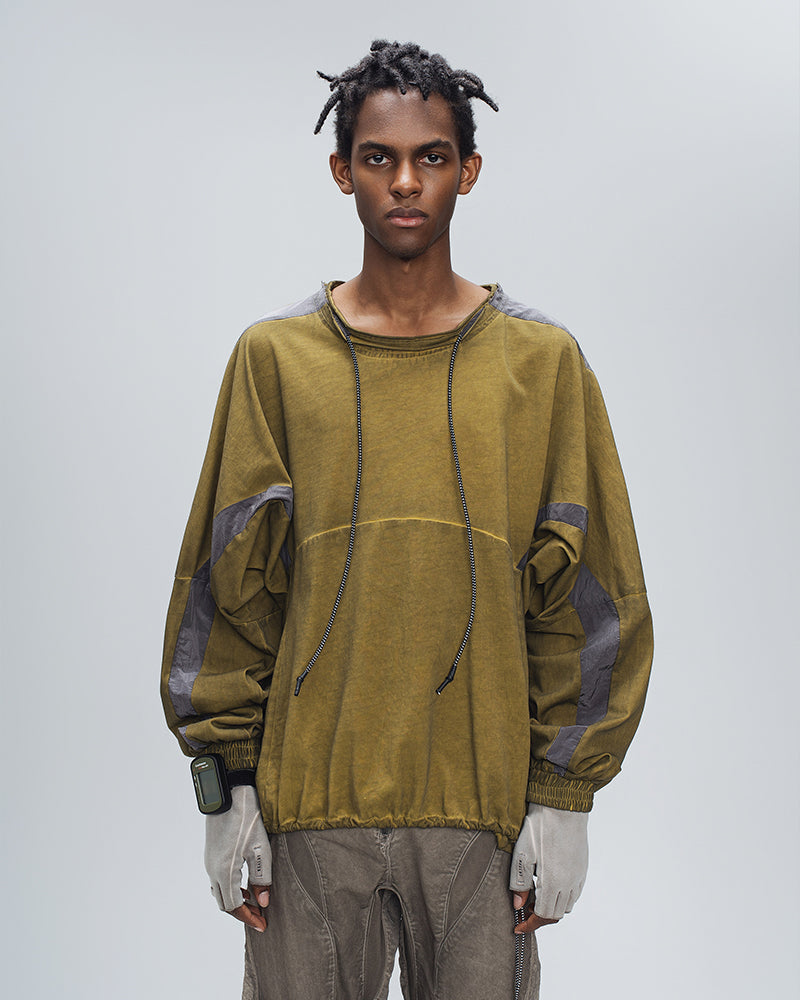 Washed Contrast Panel Drawstring Long-Sleeve Tee