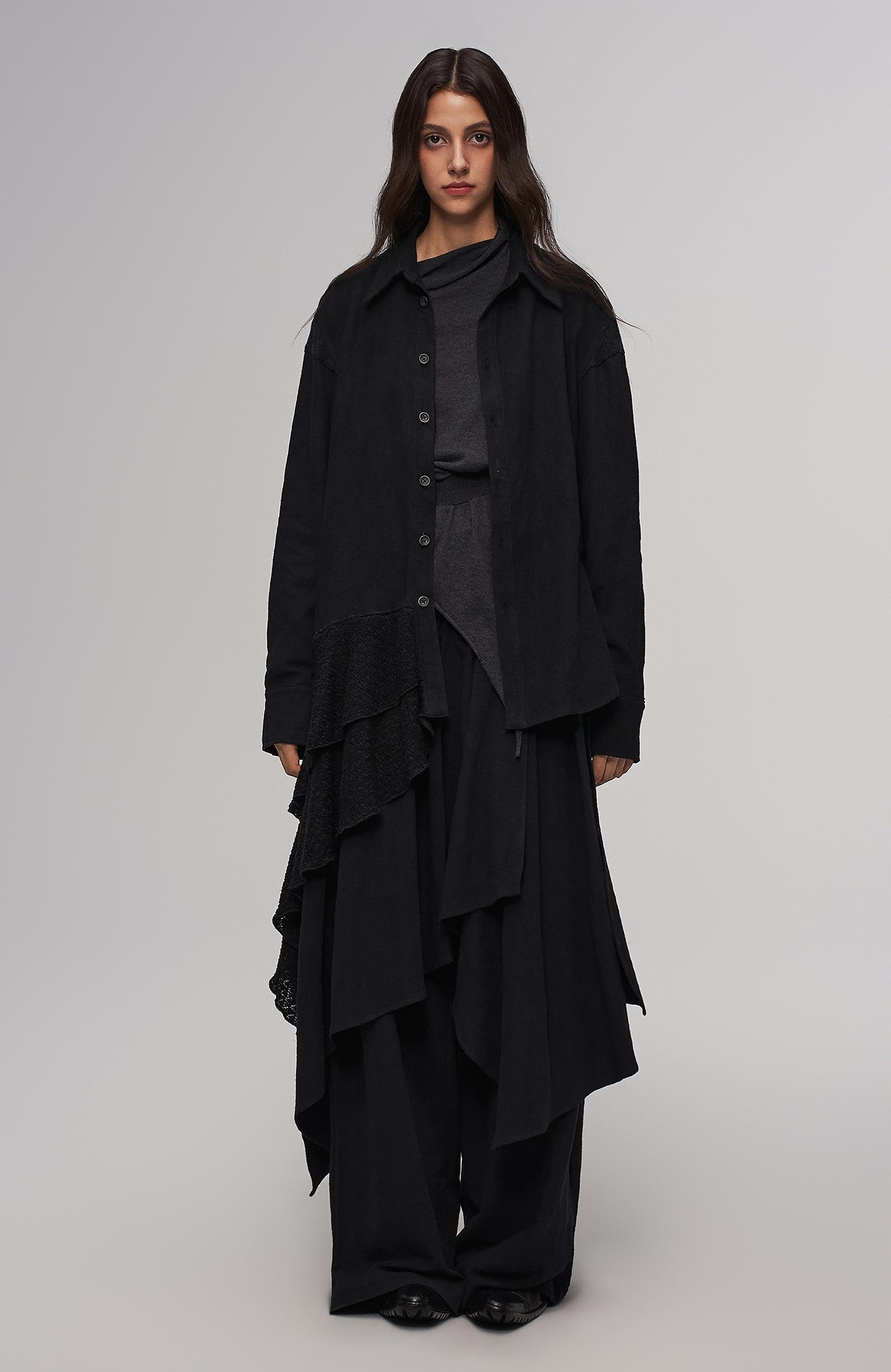 Asymmetric Drape Panel Ramie-Blend Shirt