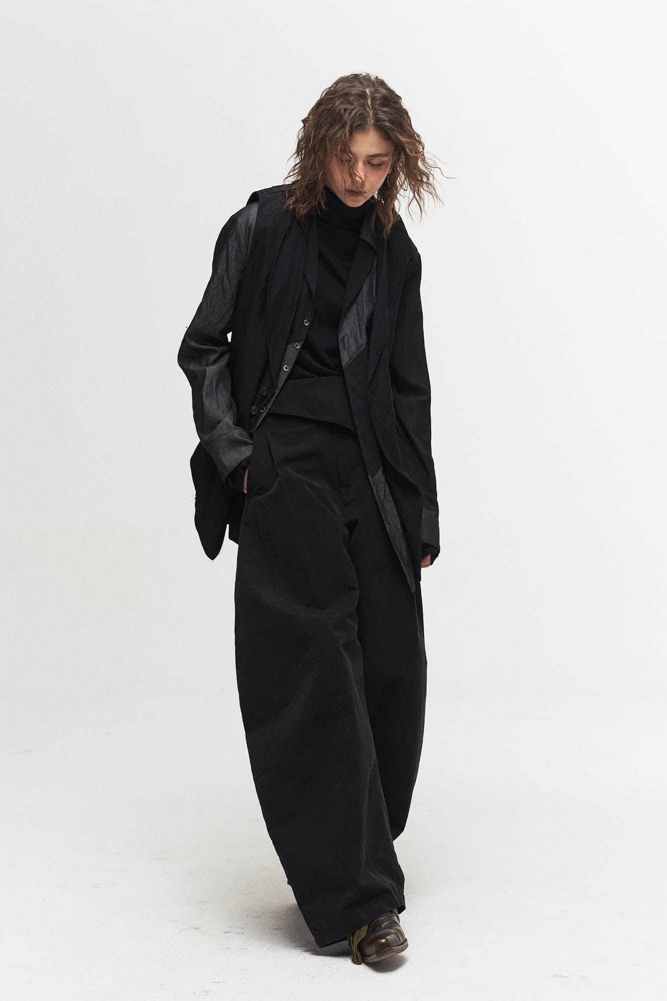 Asymmetrical Shawl Collar Belted Crinkled Vest