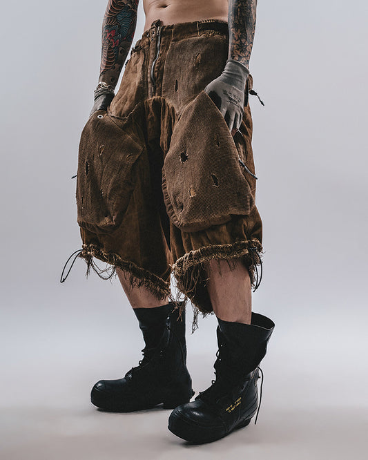 Post-Apocalyptic Distressed Mesh Drop Crotch Shorts