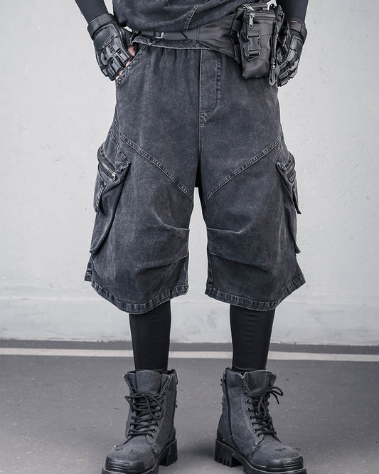 Washed Black Denim Techwear Cargo Shorts