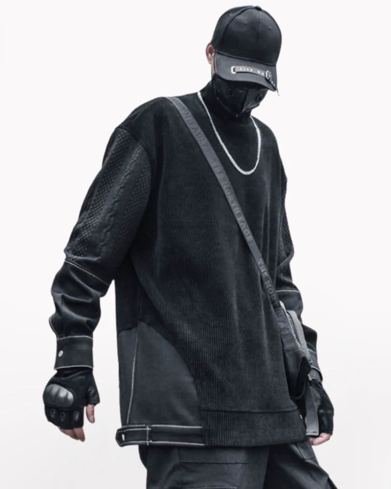 Modern Japanese-Style Patchwork Oversized Mock-Neck Sweatshirt