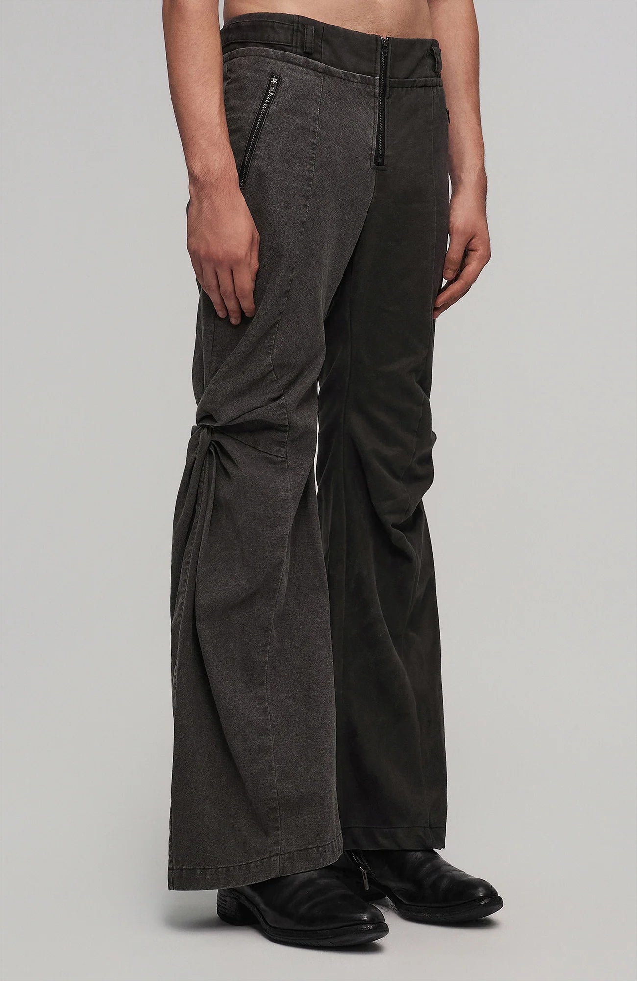Contrast-Spliced Twist-Knee Flared Trousers
