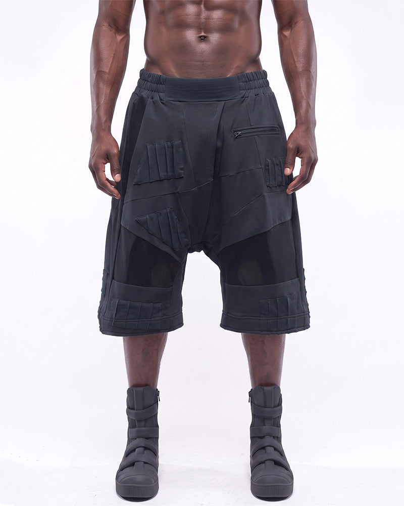 Post-Apocalyptic Deconstructed Paneled Drop-Crotch Shorts