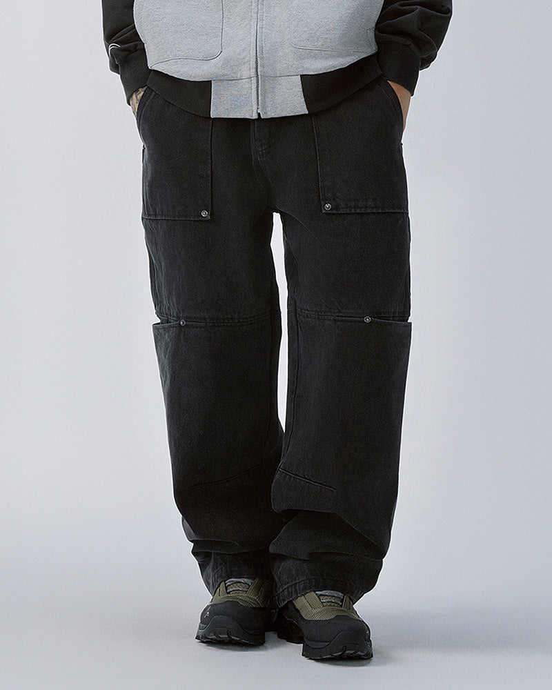 Washed Panel Multi-Pocket Straight-Leg Jeans