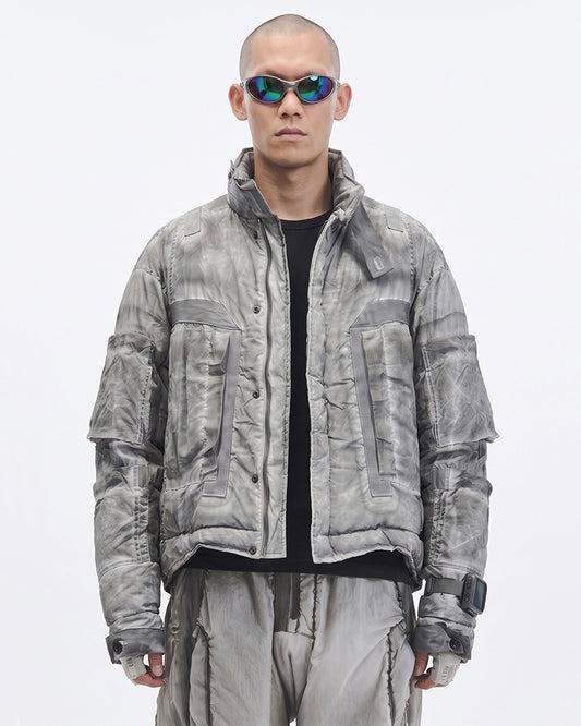 Dystopian Distressed Cropped Multi-Pocket Down Jacket