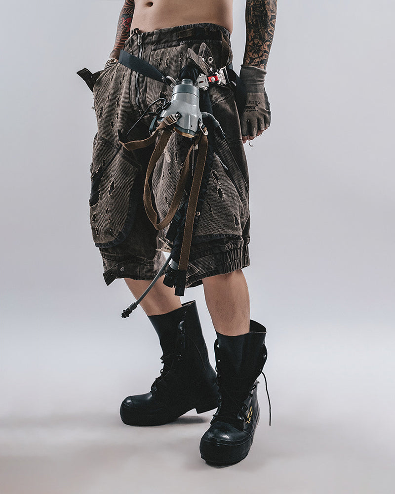 Post-Apocalyptic Distressed Mesh-Panel Shorts