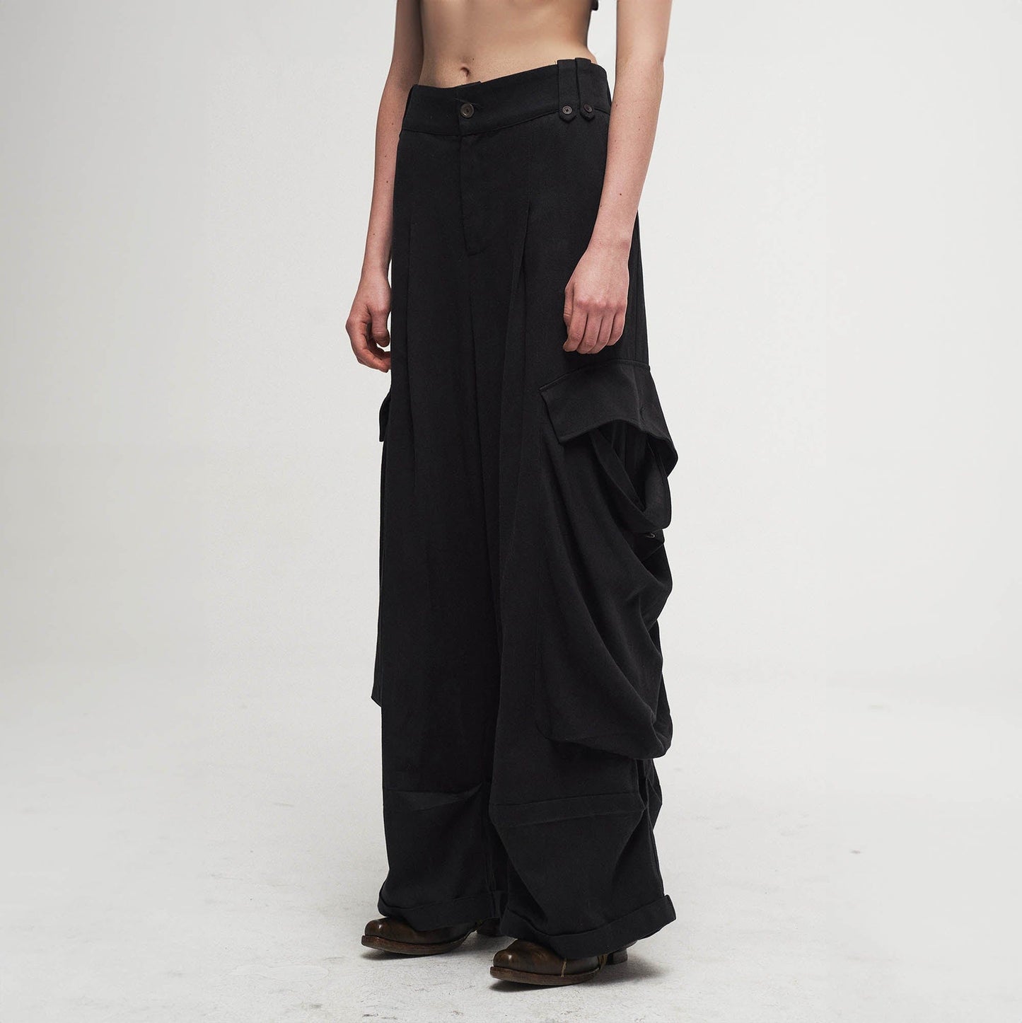 Draped Big-Pocket Wide-Leg Cargo Pants