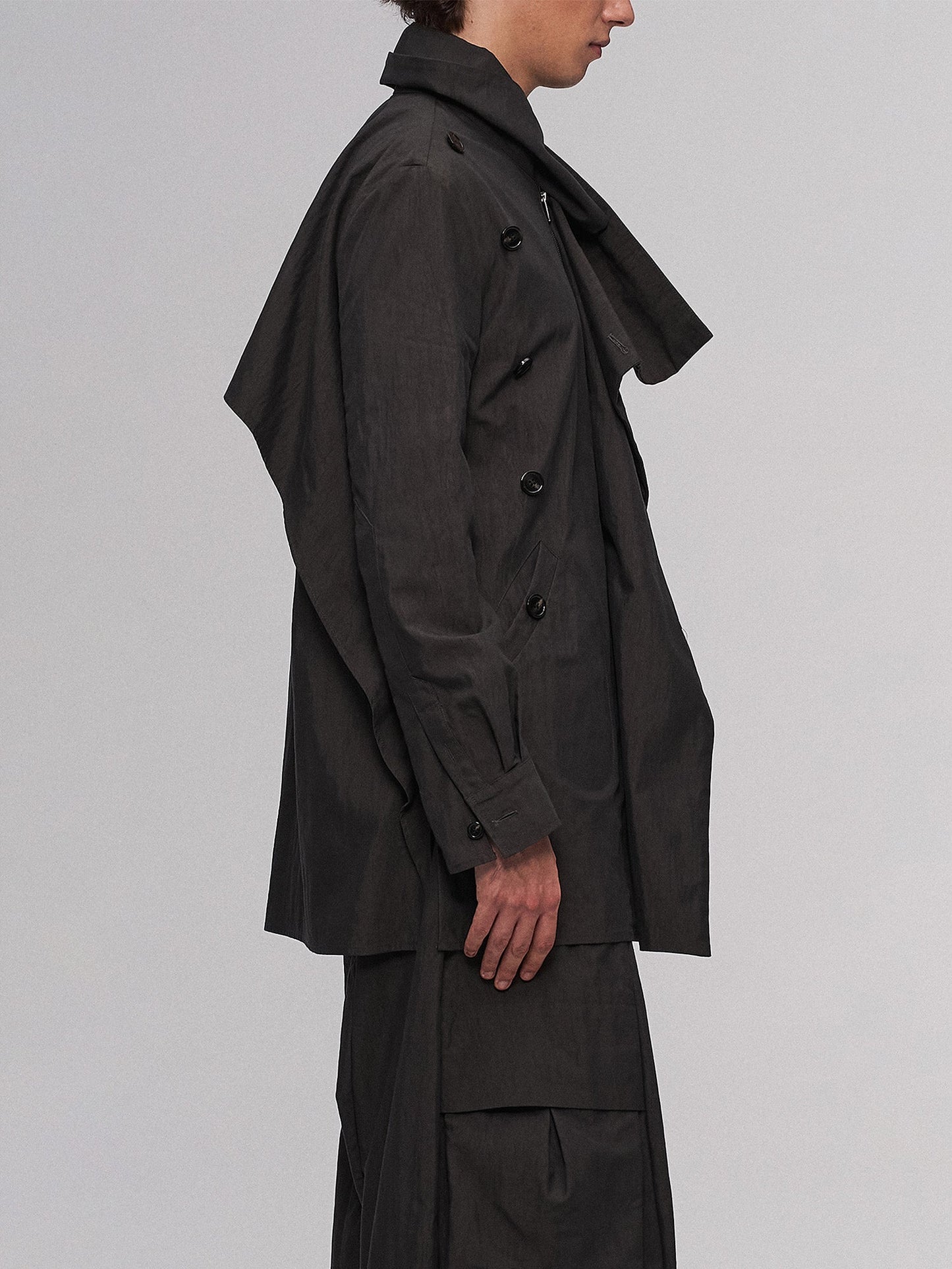Asym Layered Wrap-Collar Shirt Coat Dark Green