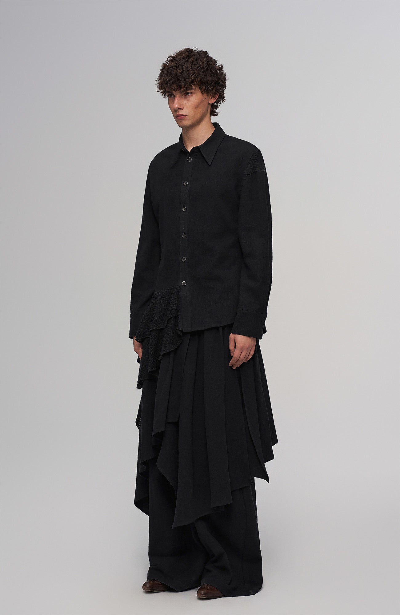 Asymmetric Drape Panel Ramie-Blend Shirt