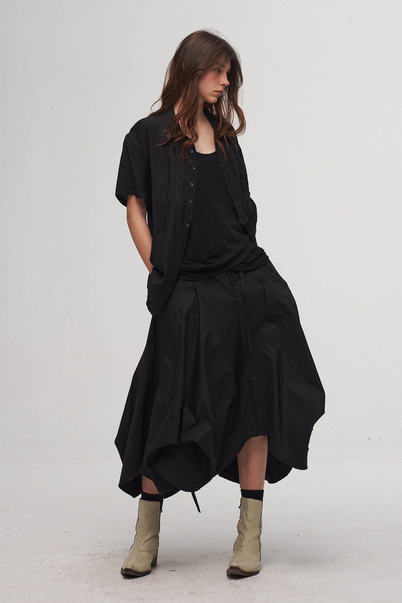 Stripe Crinkled Spliced Layered Collar T-Shirt Black