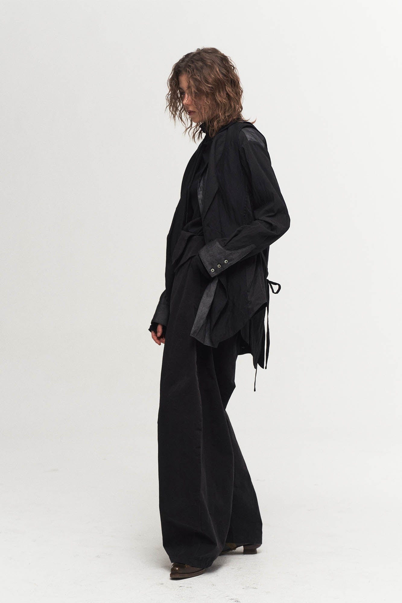 Asymmetrical Shawl Collar Belted Crinkled Vest