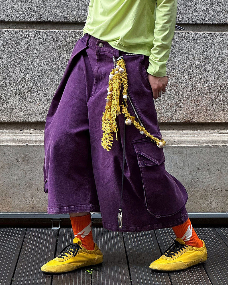 Detachable Scarf Washed Multi-Pocket Wide-Leg Shorts Purple