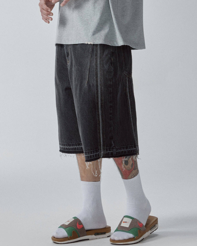 Washed Denim Panel Shorts