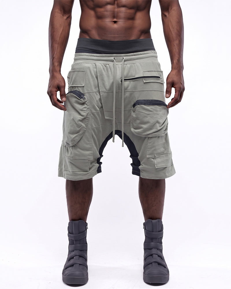 Wasteland Multi-Zip Cargo Contrast Drop-Crotch Shorts