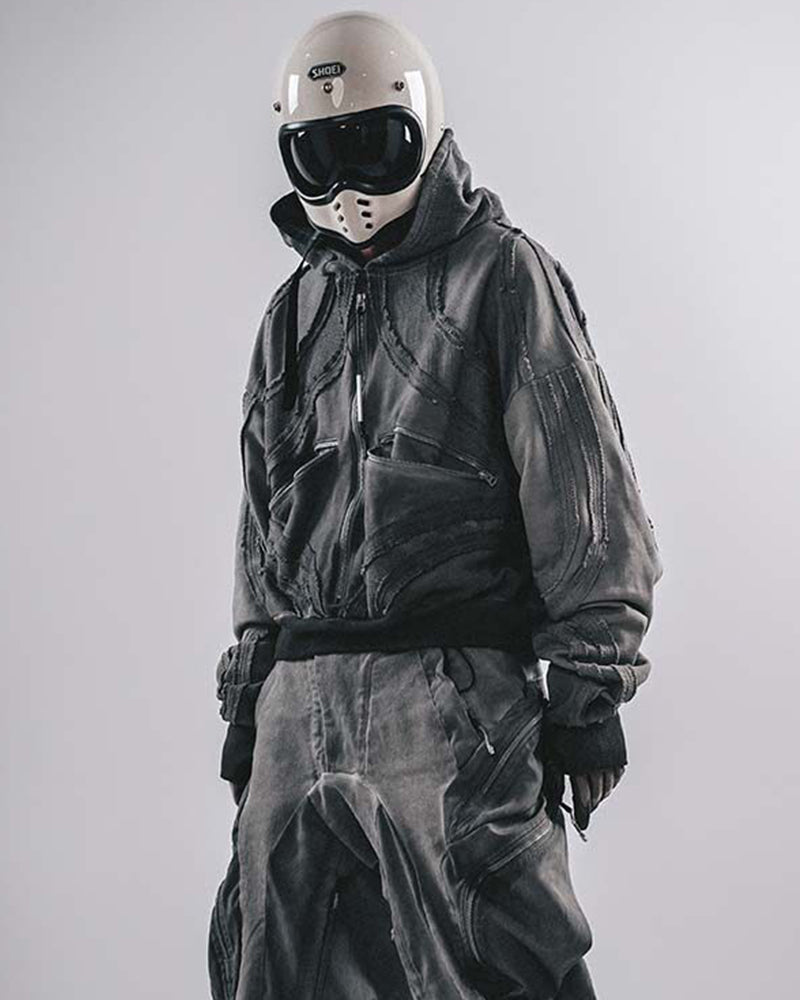 Post-Apocalyptic Layered Mesh Hooded Cropped Jacket