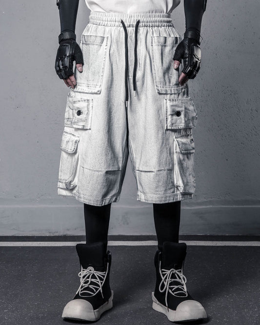 Washed Denim Multi-Pocket Cargo Shorts