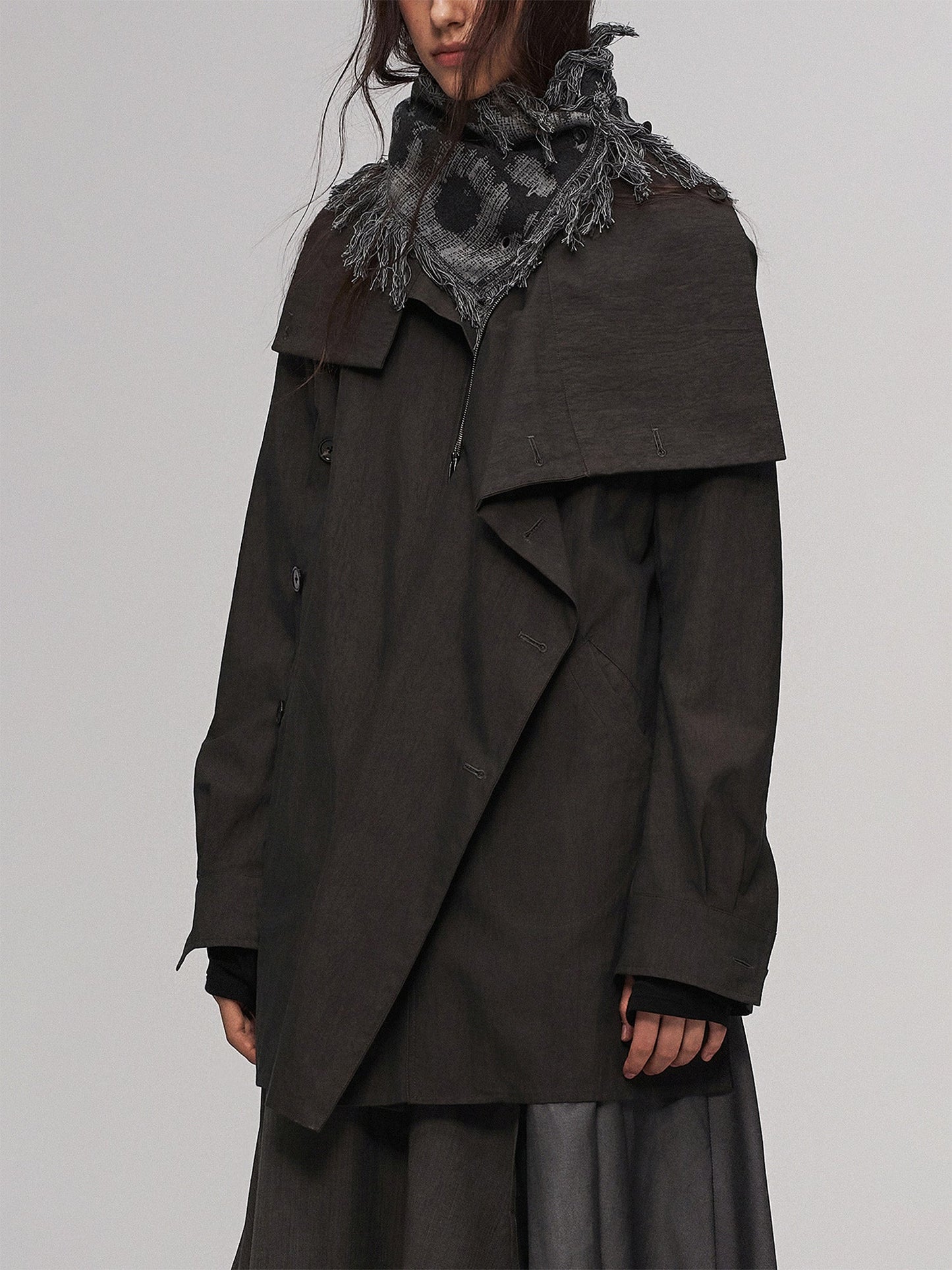 Asym Layered Wrap-Collar Shirt Coat Dark Green