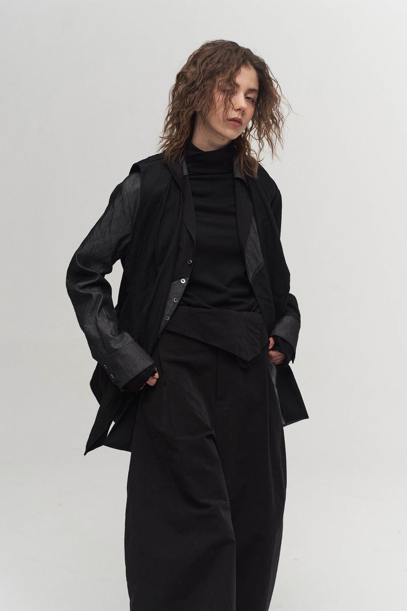 Asymmetrical Shawl Collar Belted Crinkled Vest