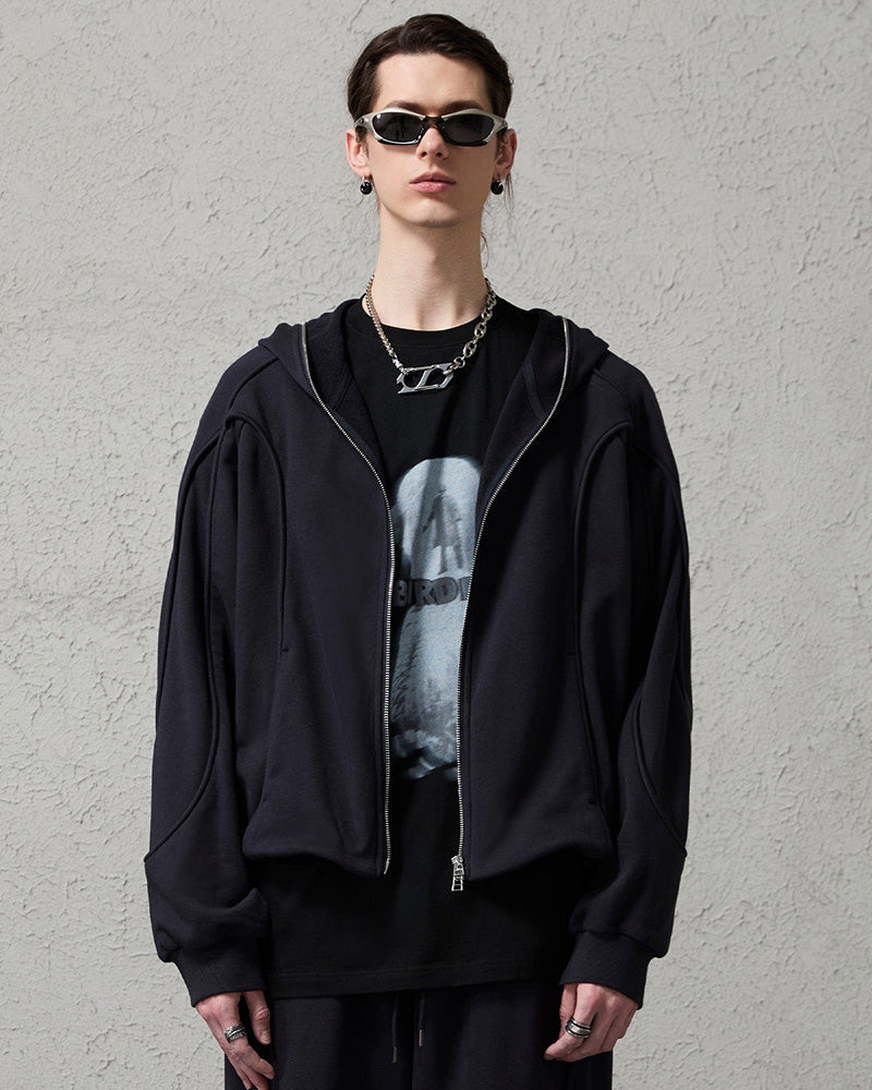 Curved Panel Drawstring-Hem Zip-Up Hoodie
