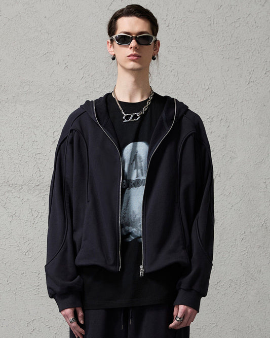 Curved Panel Drawstring-Hem Zip-Up Hoodie