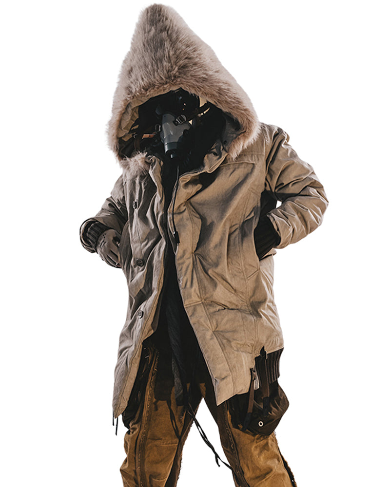 Post-Apocalyptic Hooded Snow Shearling Mid-Length Quilted Jacket