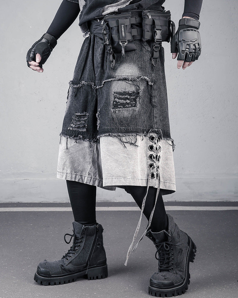 High-Street Wasteland Ripped Hem Washed Denim Shorts