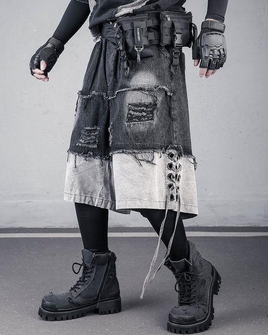 High-Street Wasteland Ripped Hem Washed Denim Shorts