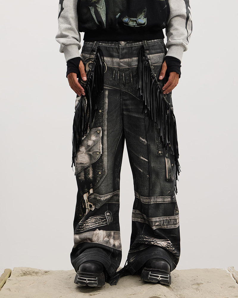 Fringe Full-Print Baggy Jeans