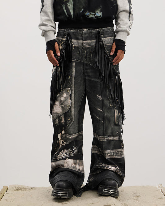 Fringe Full-Print Baggy Jeans