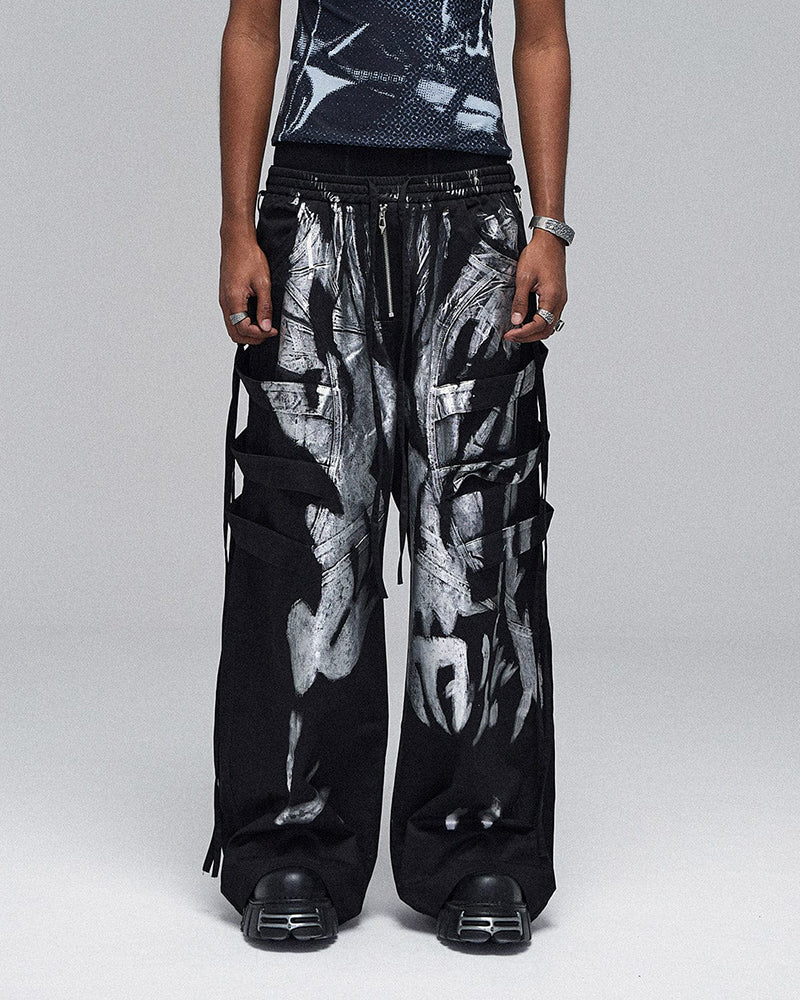 Multi-Layered Striped Graffiti Cargo Pants
