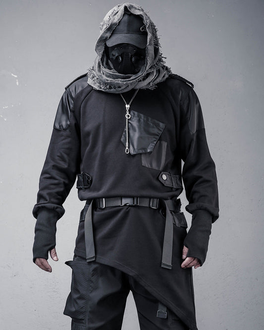 High-Street Techwear Asymmetric Patchwork Cargo Sweatshirt