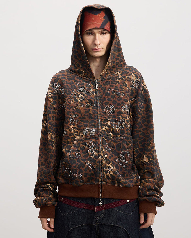 Cartoon Rhinestone Leopard Zip-Up Hoodie